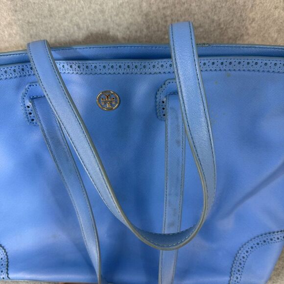 Tory Burch Blue Leather Tote Bag Perforated Details Gold Logo  Shopper Tote - Picture 2 of 15